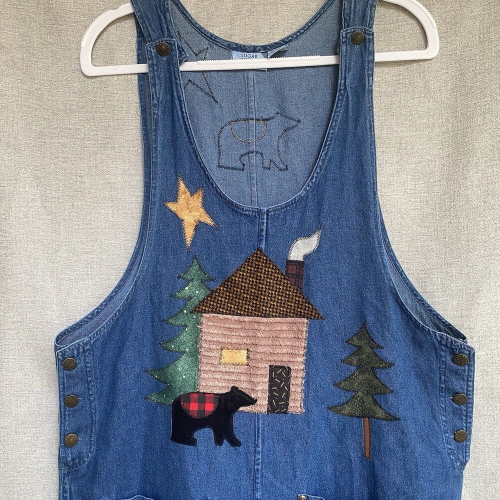 Vtg 1990s Dress Women’s Size L Cotton Blue Denim Jumper Cottagecore Bear Cabin